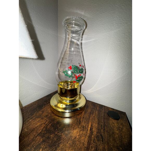 Vintage Brass Hurricane Candle Lamp + 2 Holiday Glass Shades Christmas Decor - Picture 10 of 14